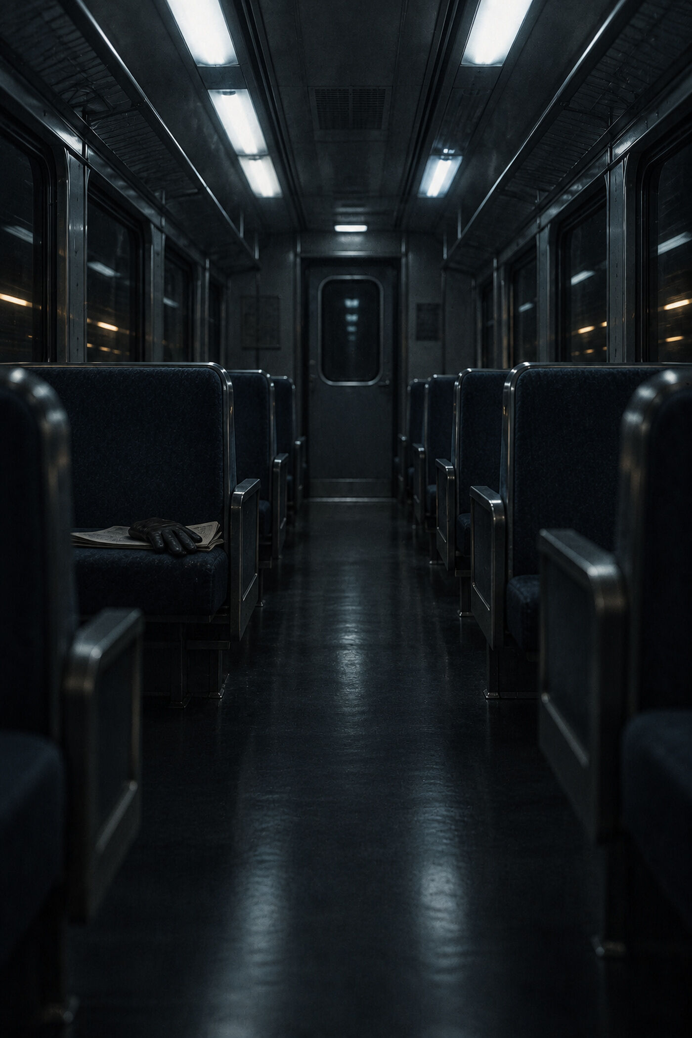 An empty train carriage under cold fluorescent light.