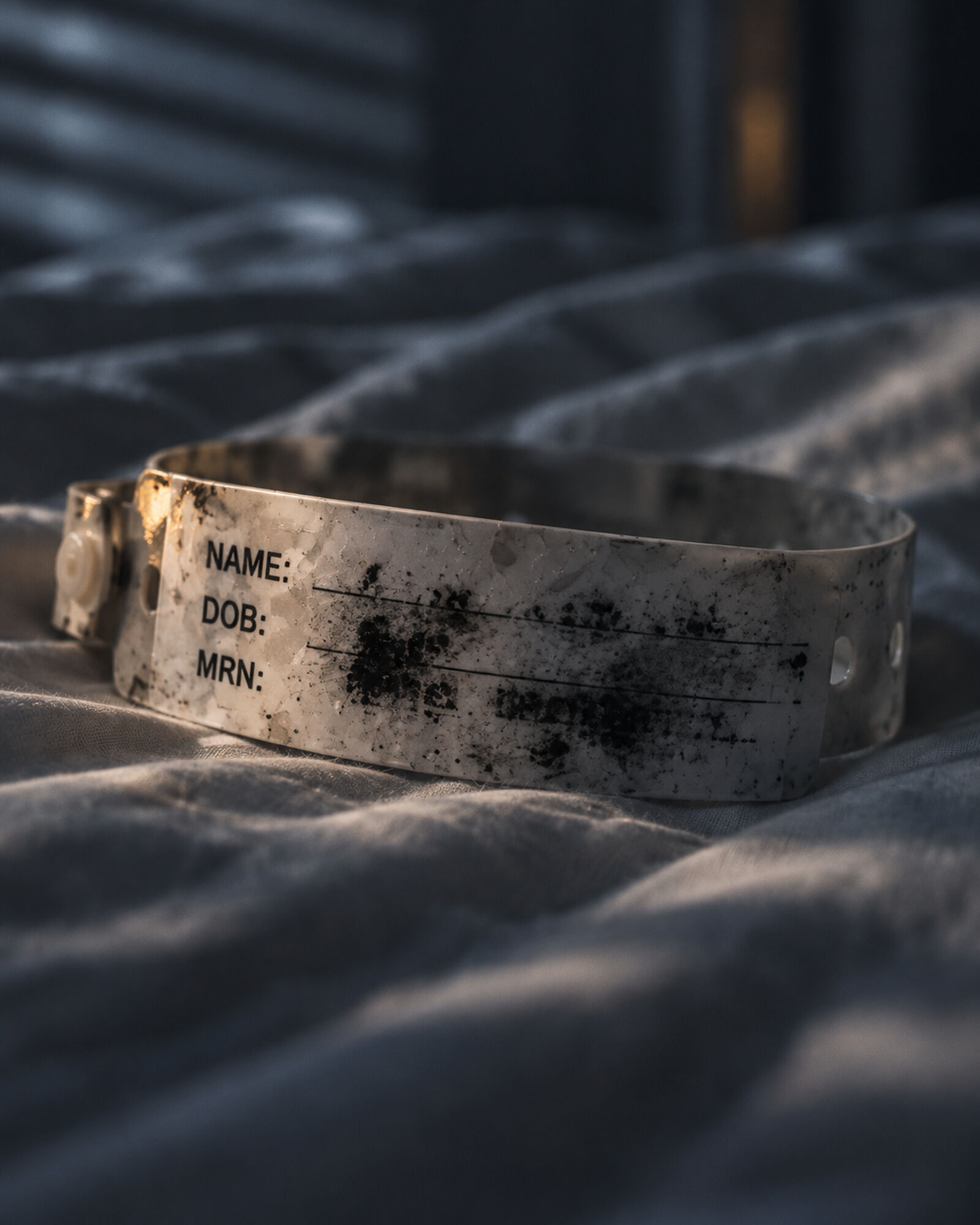 A hospital wristband on white sheets. The name, date of birth and record number are smudged beyond reading.